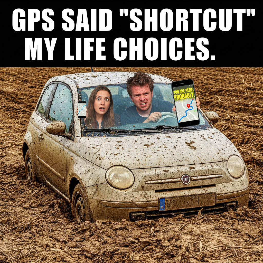 Road trip rule #1: Never trust the person navigating. We're in a field. Again.