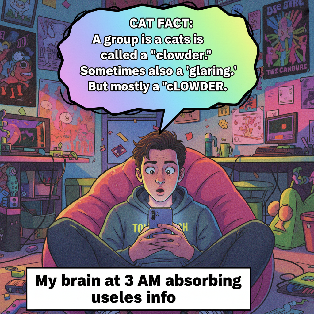 Me: 'Just 5 more minutes on X.' *2 hours later* My brain: 'Did you know cats can be allergic to humans?'