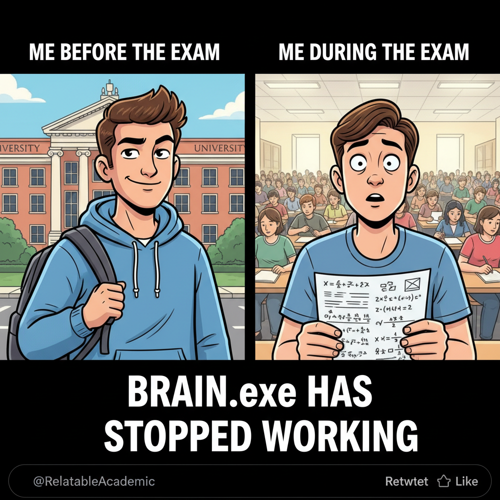My brain during exams: 'You know everything!' My brain during the actual exam: 'What's your name again?'