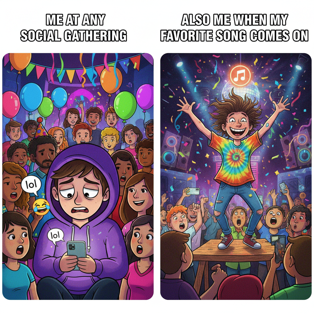 Introvert at a party: pretending to text vs. extrovert: already on the table dancing.