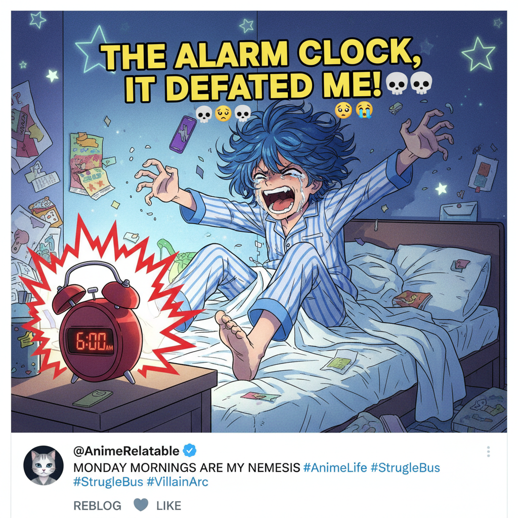 Me reacting to my alarm clock like an anime villain being defeated.
