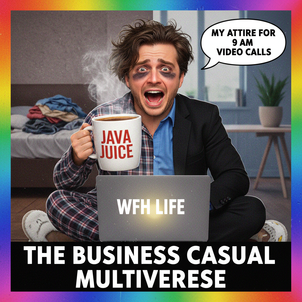 My 'work from home' uniform is 50% pajamas, 50% existential dread. And 100% coffee.