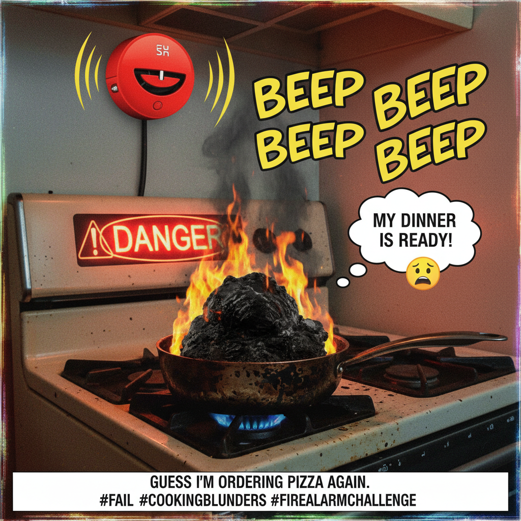 My 'gourmet meal' turned into a charcoal briquette. At least the smoke alarm worked!