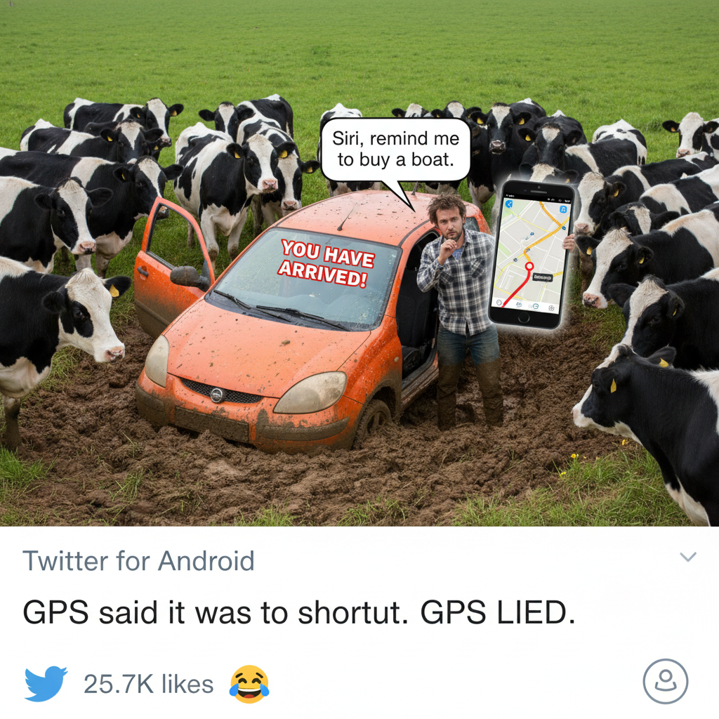 GPS said 'turn left.' I turned left. Now I'm in a cow pasture. Thanks, Siri.