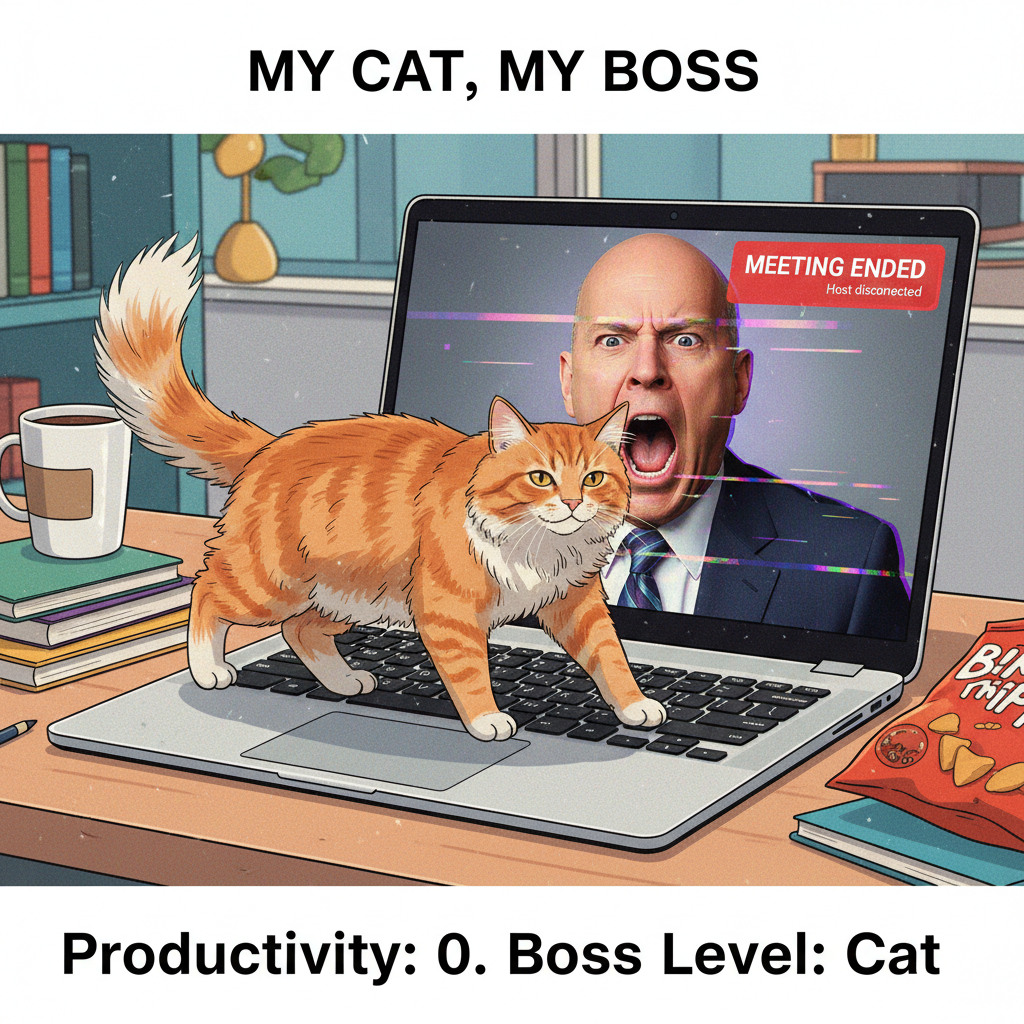 My cat just walked across my keyboard and somehow ended the CEO's Zoom presentation. I'm fired.