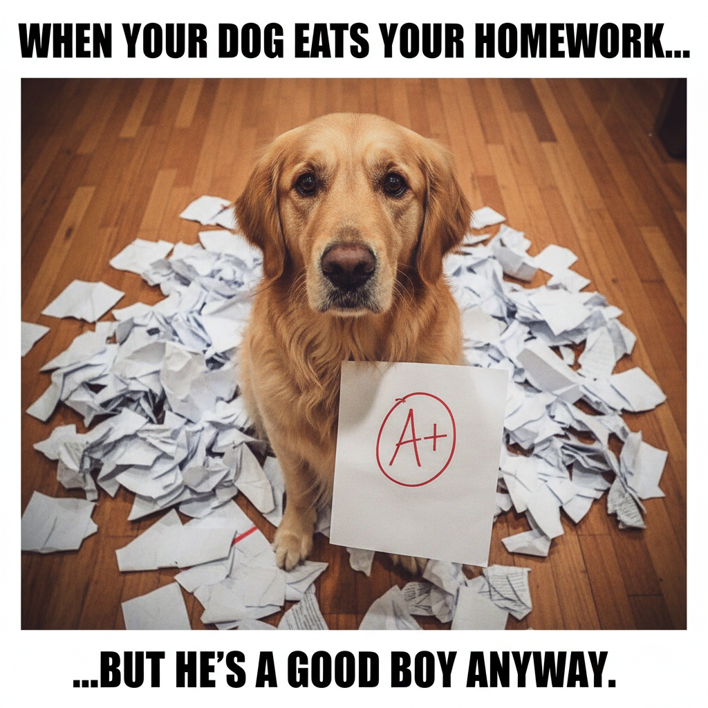 My dog just ate my homework. No, seriously. The actual paper. I have photographic evidence.