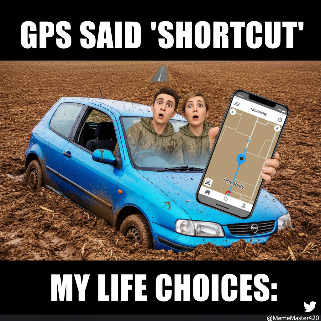 GPS told us to turn left. We're now in a field, questioning all our life choices.