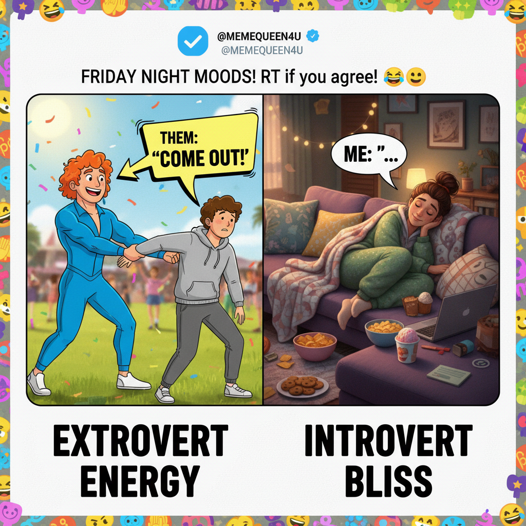 Extrovert: 'Let's go out!' Introvert: 'My couch has snacks and understands me.'