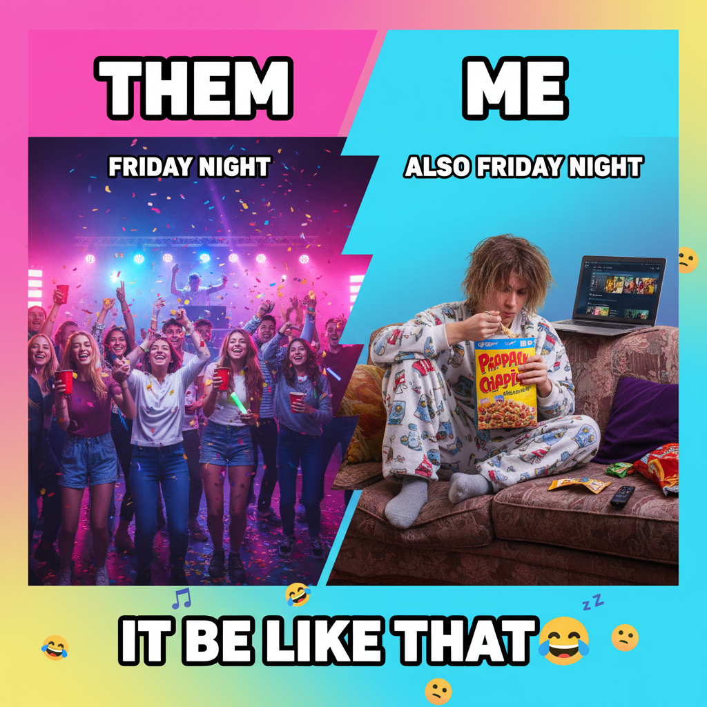 Friday night plans: epic adventure. Friday night reality: PJs and debating if cereal counts as dinner.