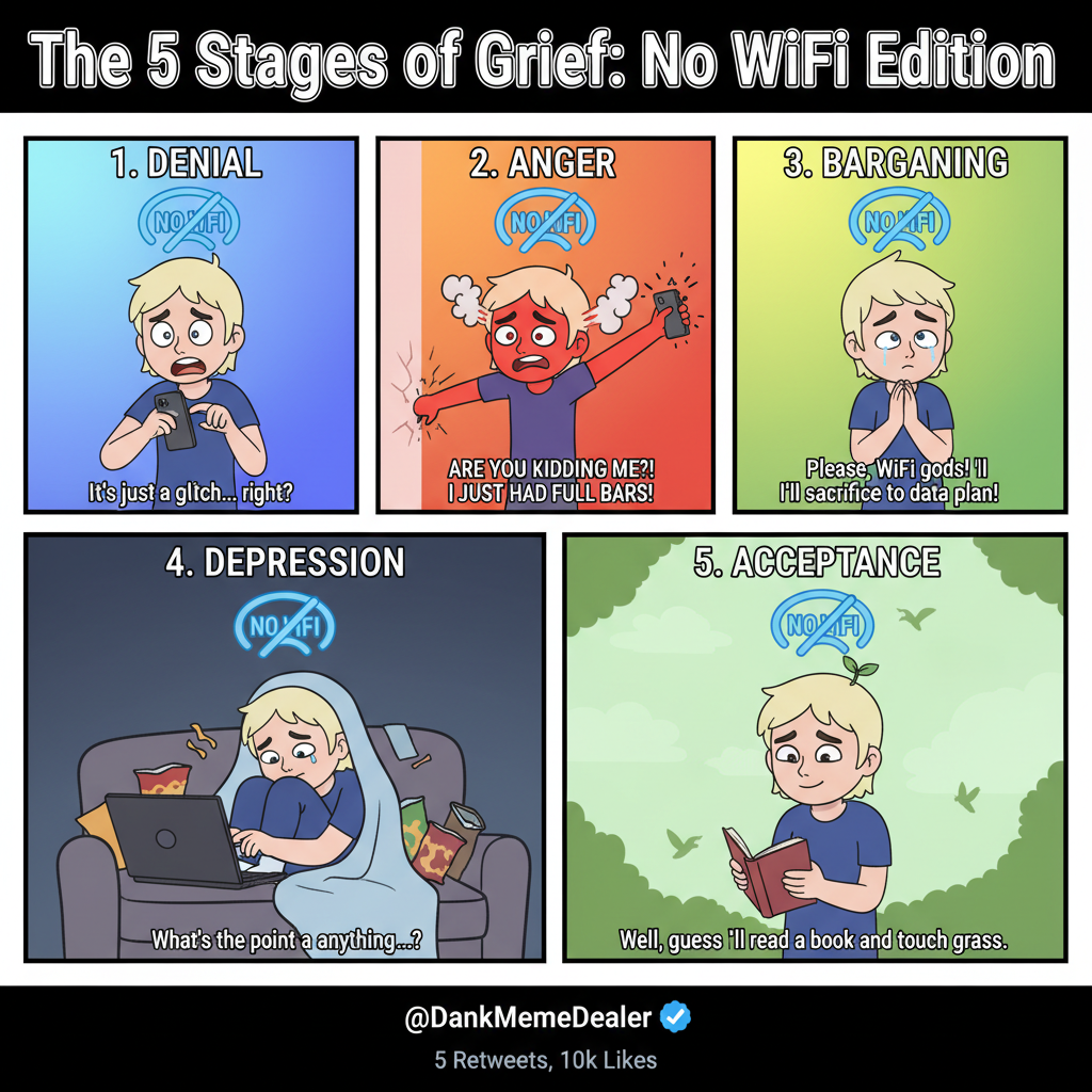 The 5 stages of grief when the WiFi goes down: Denial, Anger, Bargaining, Depression, Data Plan.