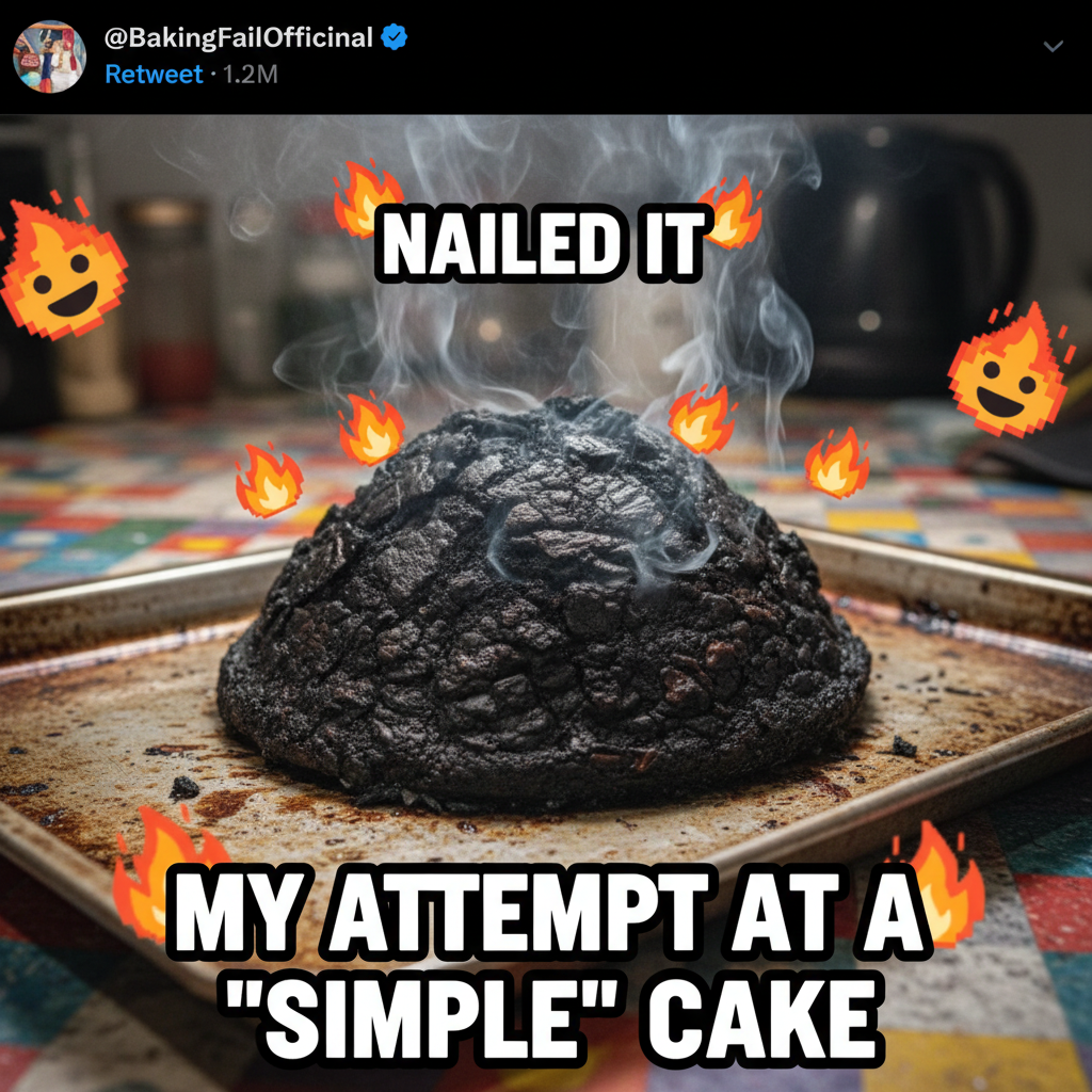 Tried to bake a cake, ended up with a charcoal briquette. Send help (and pizza).