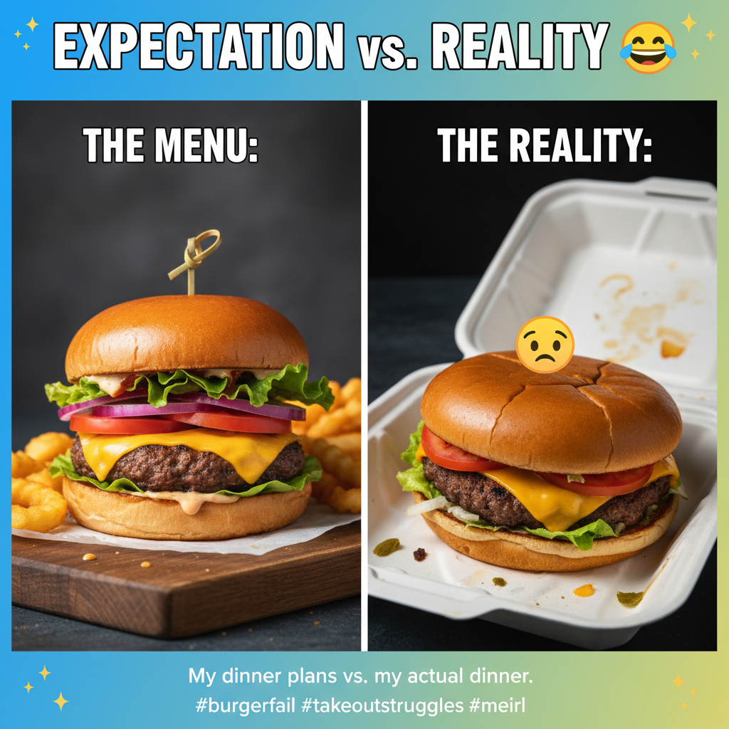 Ordered a gourmet burger, got a sad patty that looks like it lost a fight. Delivery apps, why?