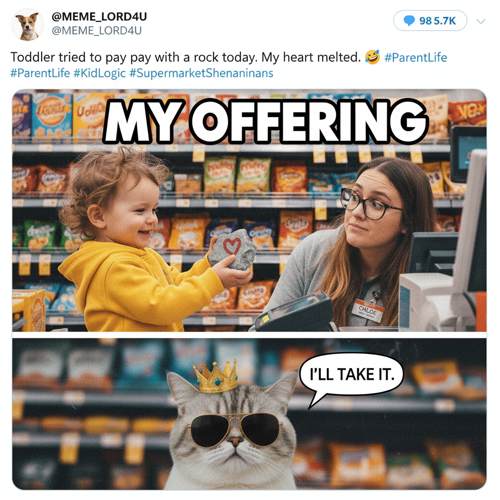 My toddler just tried to pay for groceries with a rock. Send help. And coffee.