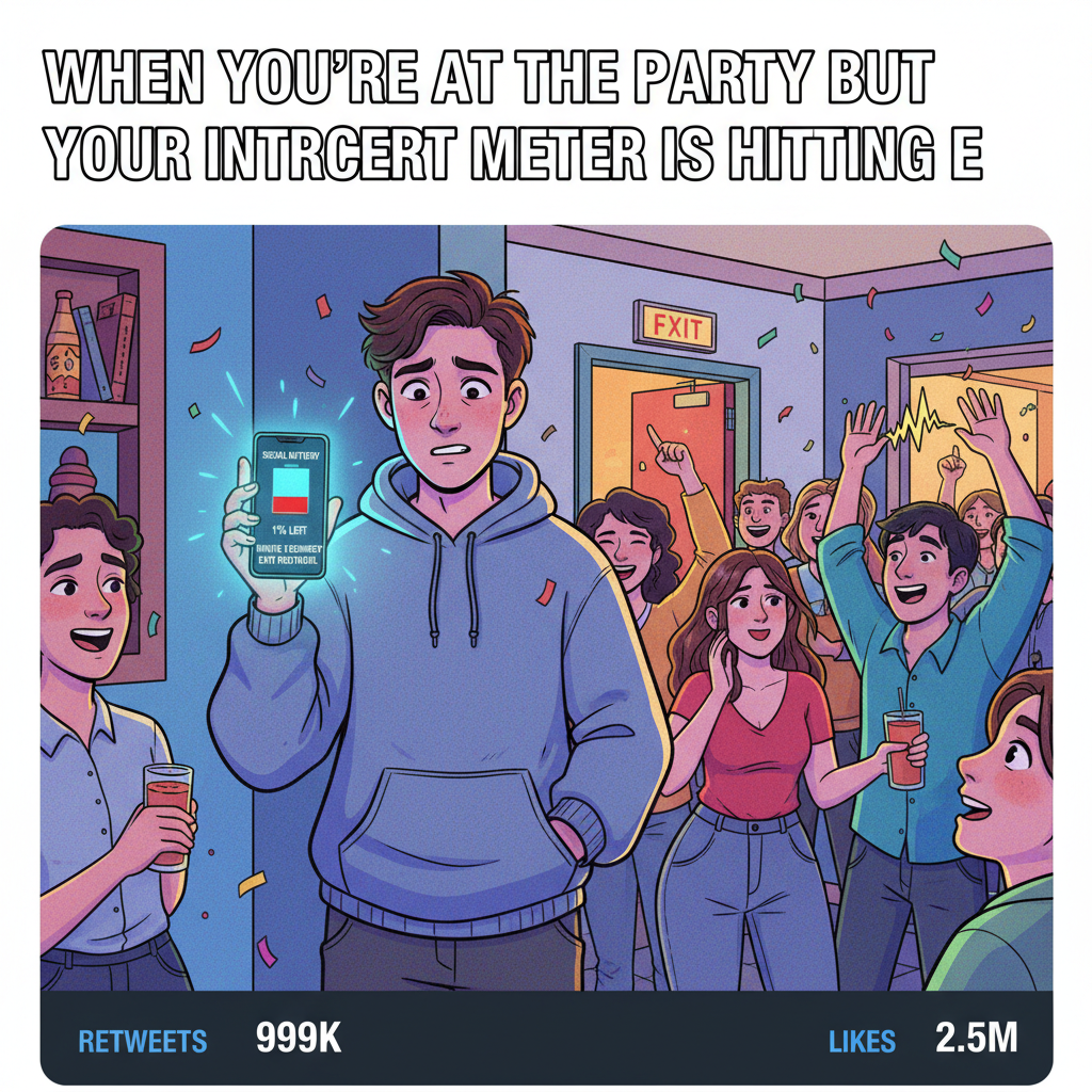 Introvert at a party: 'I've recharged enough social battery for 1.5 interactions.'