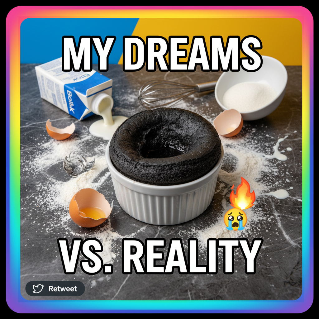 Attempted a soufflé. Now my kitchen looks like a science experiment gone wrong. Send help & pizza.