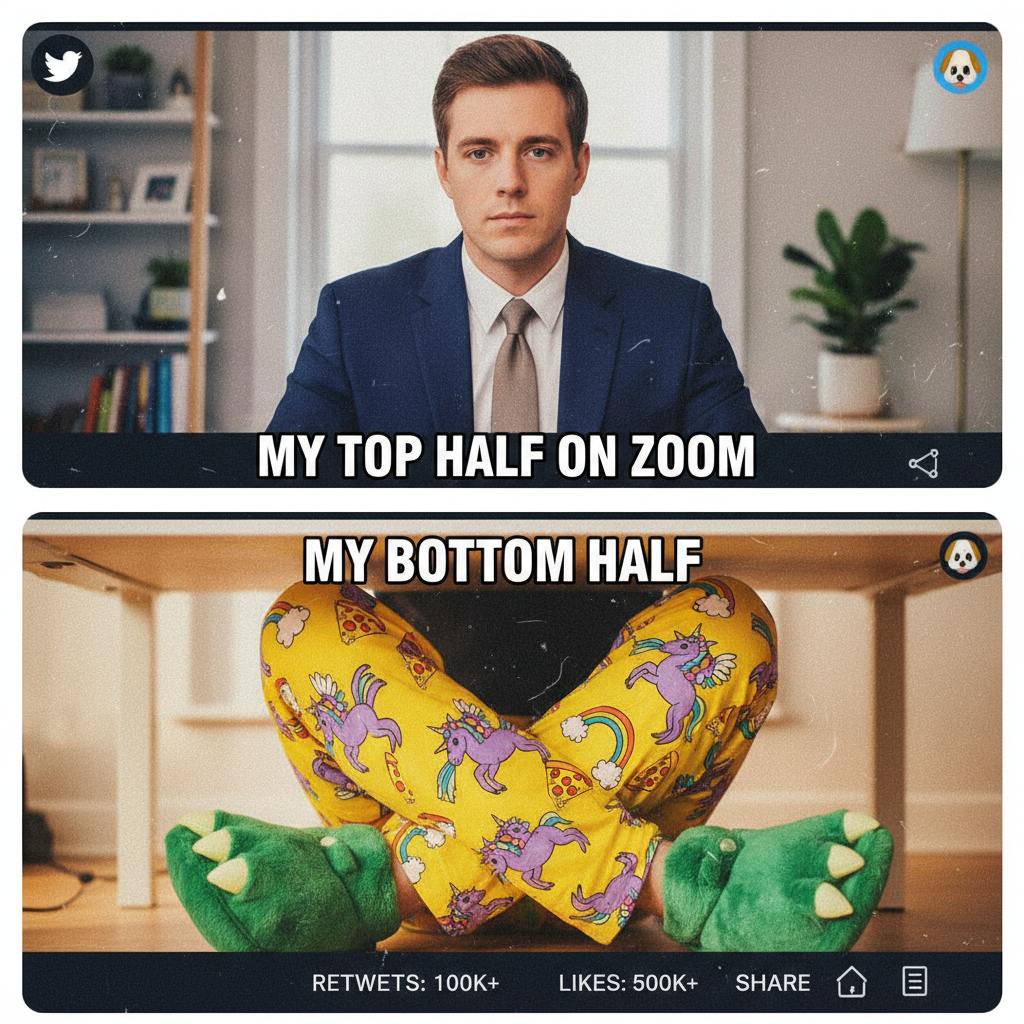 My WFH outfit is 50% professional top, 50% pajama bottoms. The duality of man.