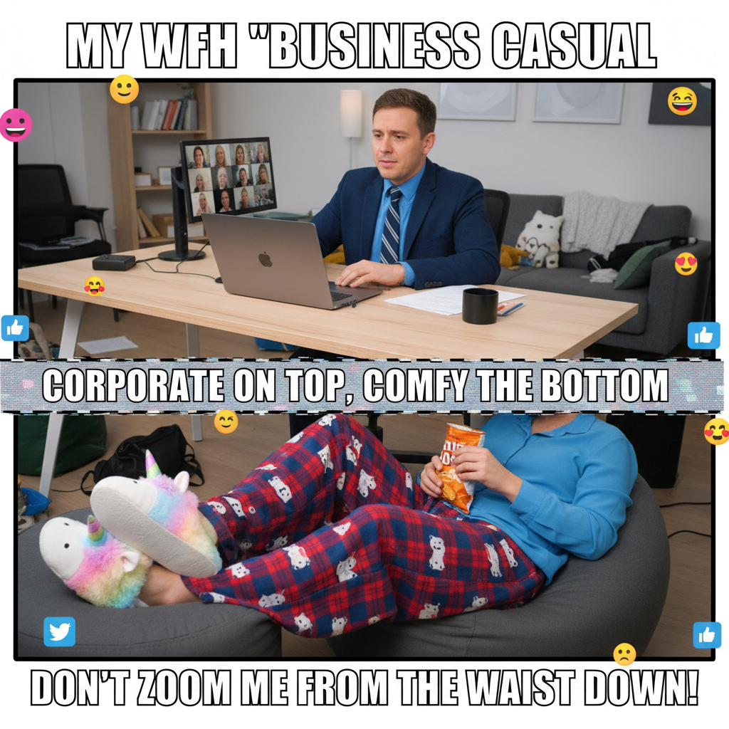 My WFH uniform: PJs on the bottom, 'professional' shirt on top. The duality of man.