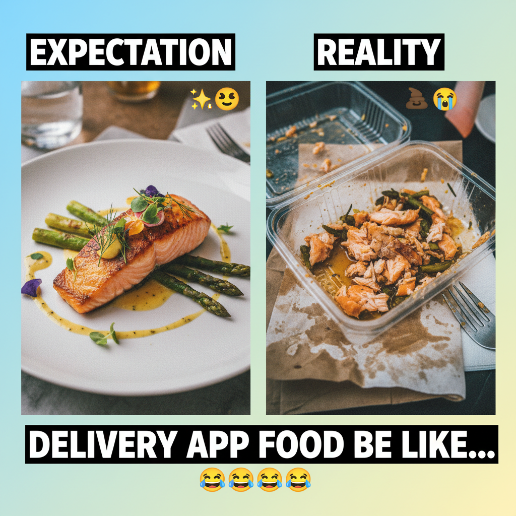 My food delivery picture vs. what actually arrived. I ordered a gourmet meal, not a crime scene.
