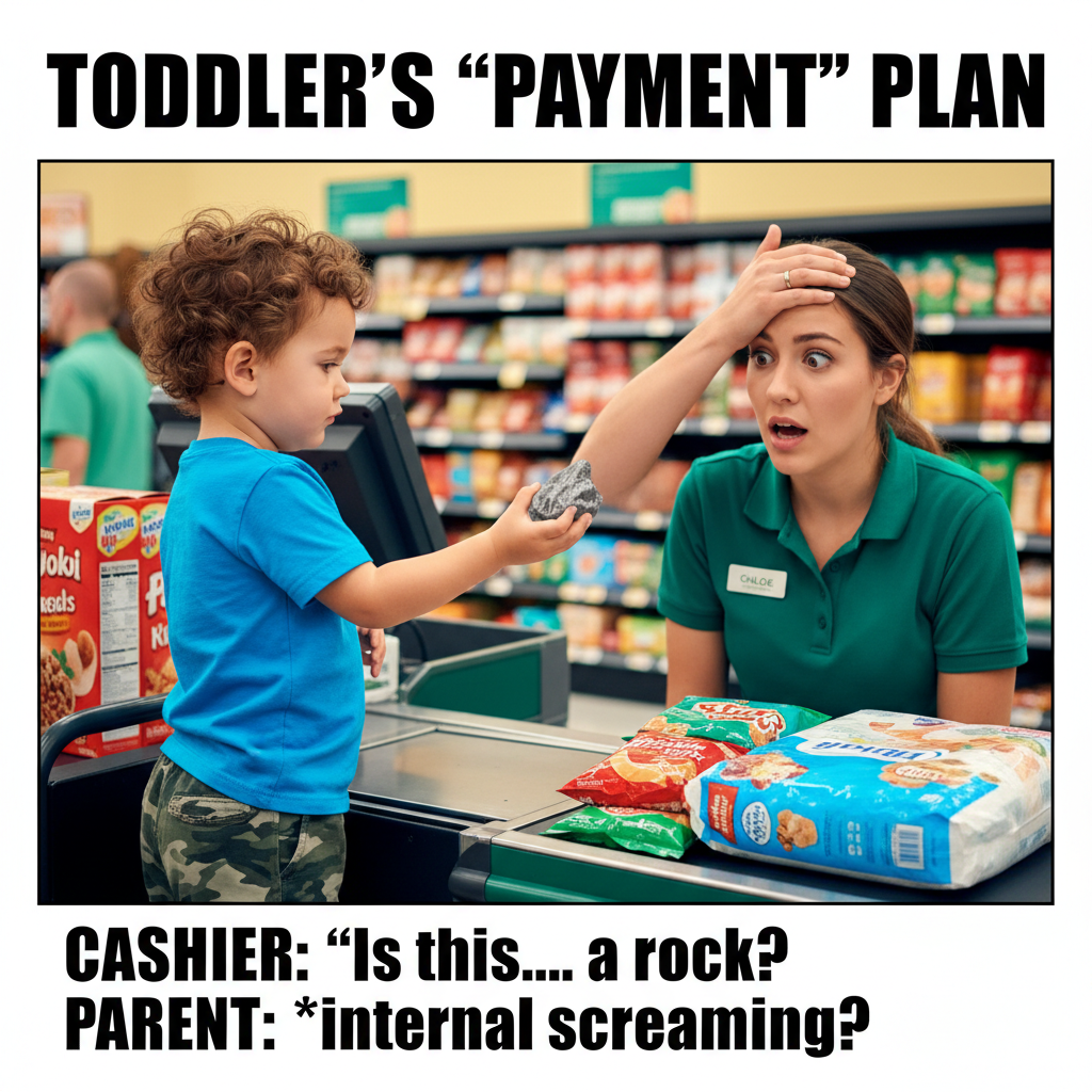 My toddler just tried to pay for groceries with a rock. I'm raising a caveman.