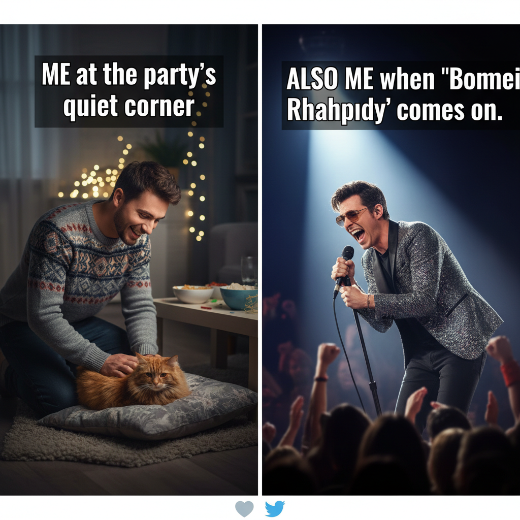 Introvert at a party: 'I just need 5 mins alone with the host's cat.' Extrovert: 'WHERE'S THE KARAOKE?!'