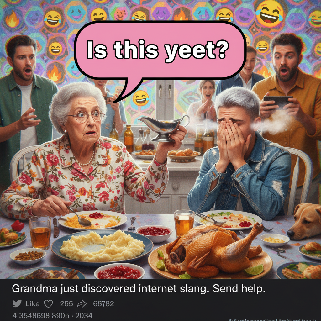 Grandma just asked if 'yeet' is a new brand of gravy. Send help. And more wine.