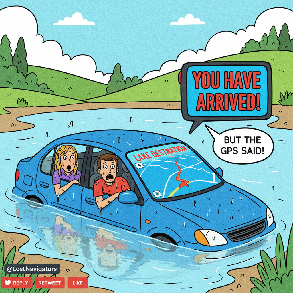 GPS said 'turn left now.' We turned left. Into a lake. Send a boat.