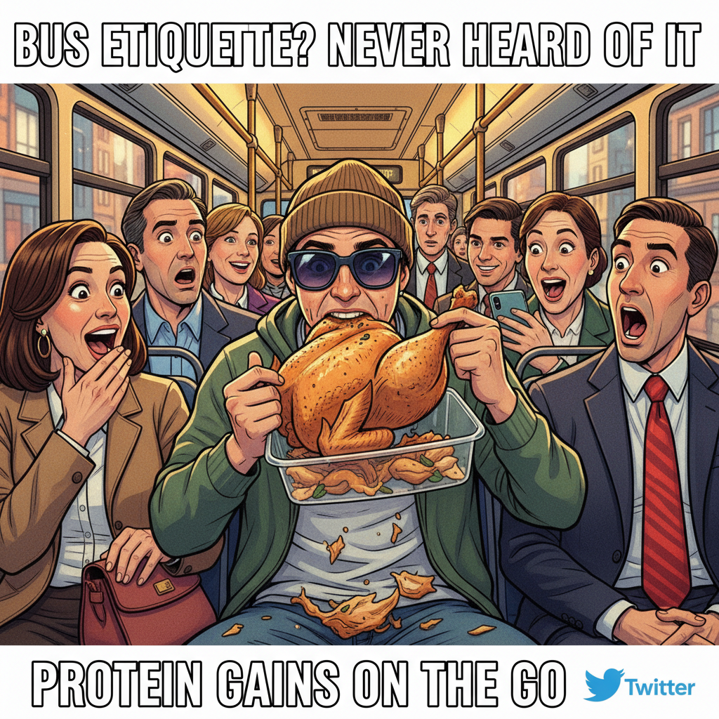 Just saw a guy on the bus eating a whole rotisserie chicken. No shame. My hero.