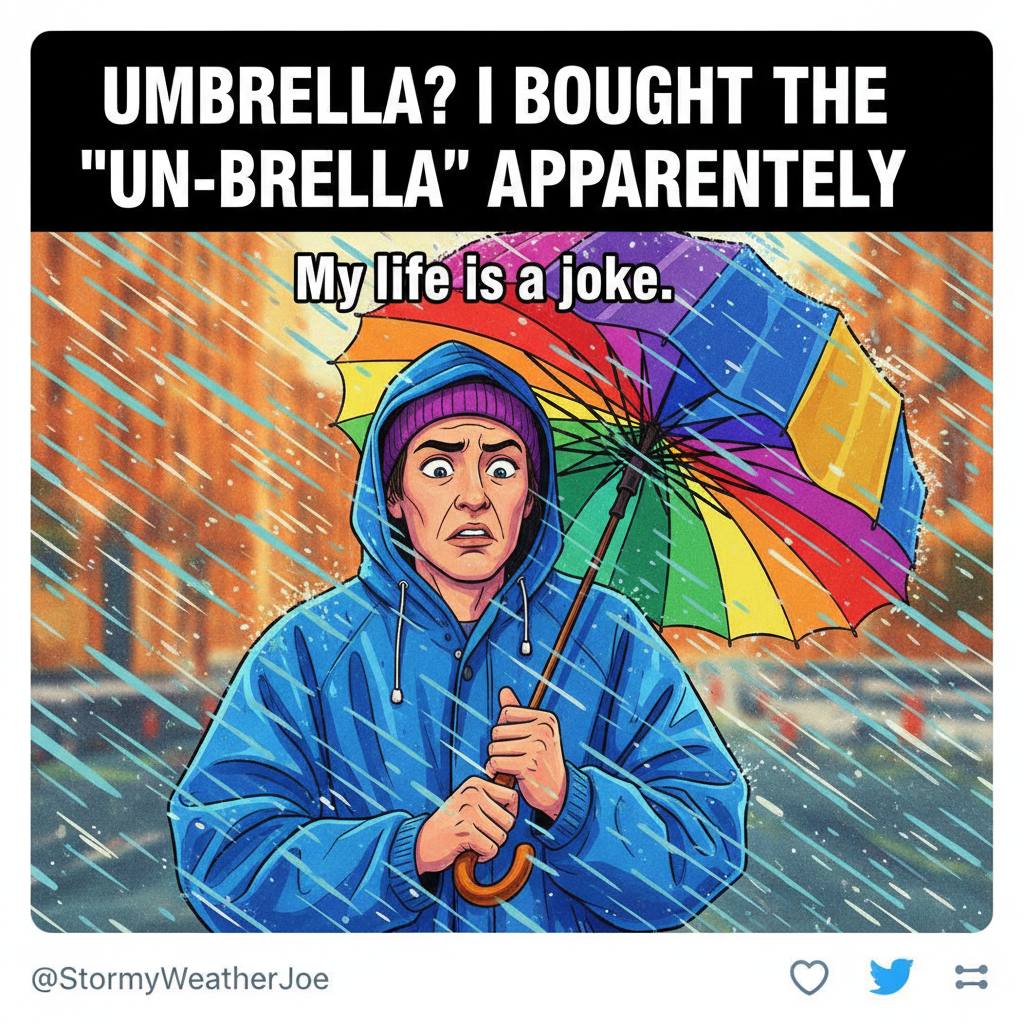 It's 70°F and raining sideways. My weather app is clearly gaslighting me.