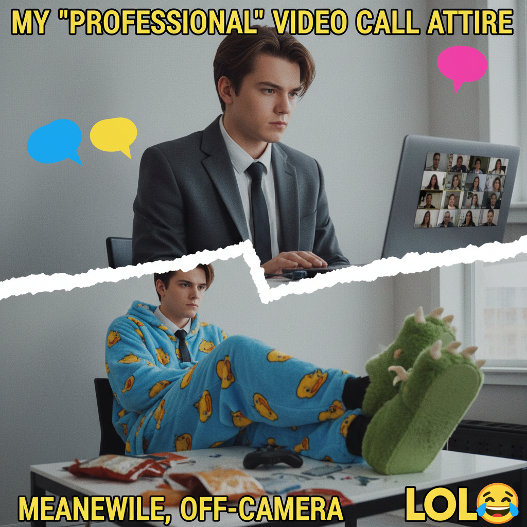 WFH outfit: professional on top, pajama party on the bottom. The duality of man.