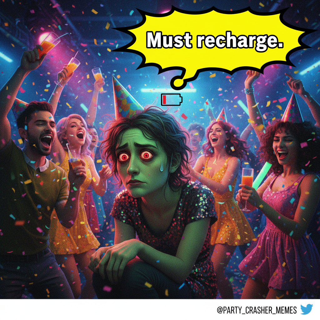 Introvert at a party: 'I've already used up my social battery for the year.'