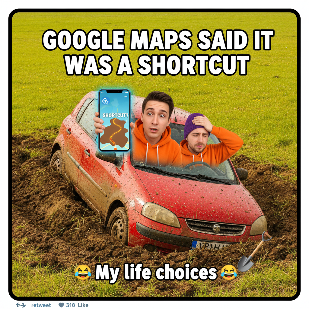 Road trip rule #1: Never trust the 'short cut' Google Maps suggests. We're now in a field.