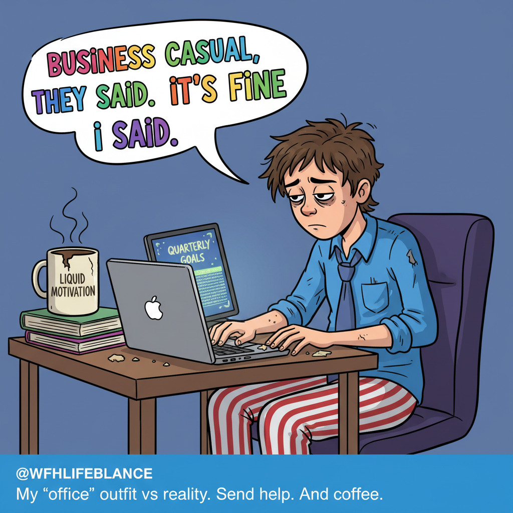 My WFH uniform is 50% pajamas, 50% existential dread. Productivity levels: debatable.