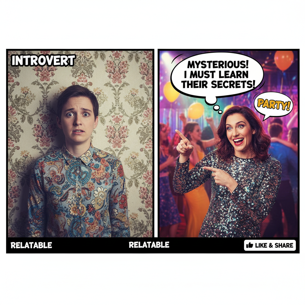 Introvert at a party: 'I'll just stand here quietly.' Extrovert: 'OMG, you're so mysterious!'