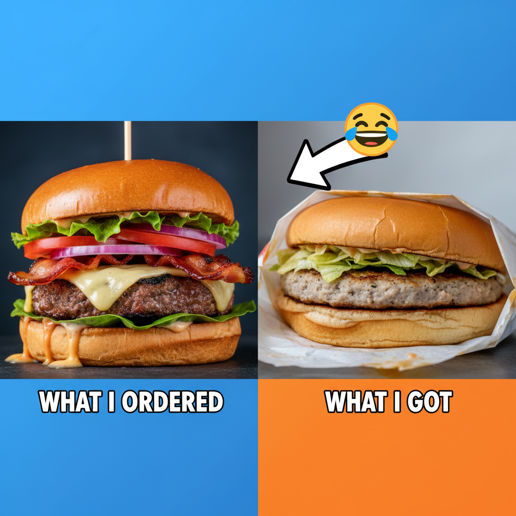 Ordered a gourmet burger, got a sad patty. My expectations vs. reality is a whole genre.