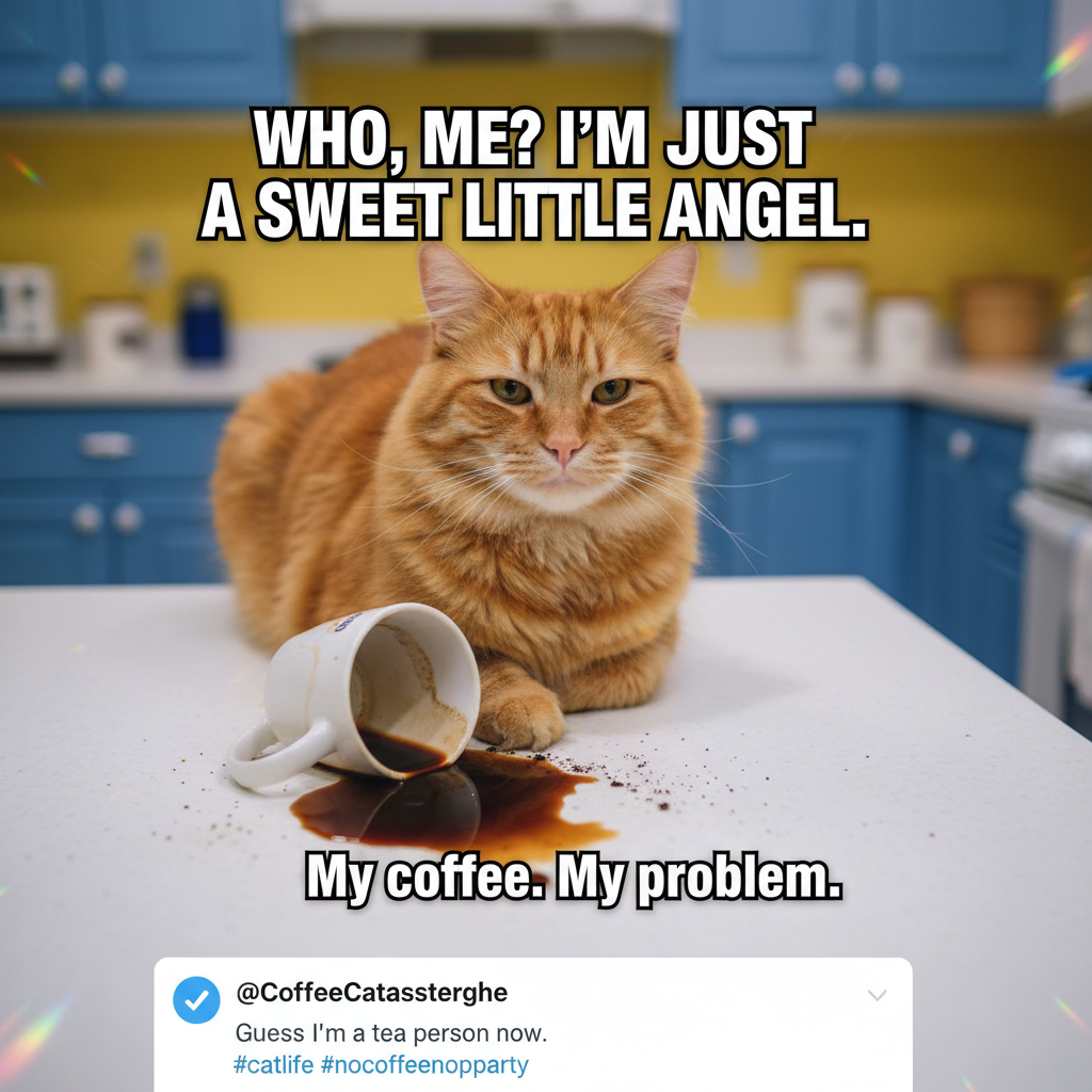 My cat just knocked my coffee over, then stared at me like *I* was the problem. The audacity.