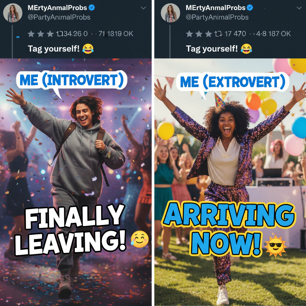 Introvert at a party: 'I've recharged enough, time to go home.' Extrovert: 'The party's just starting!'