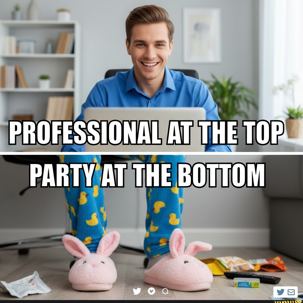 My 'work from home' outfit is a business casual top and pajama bottoms. The duality is real.