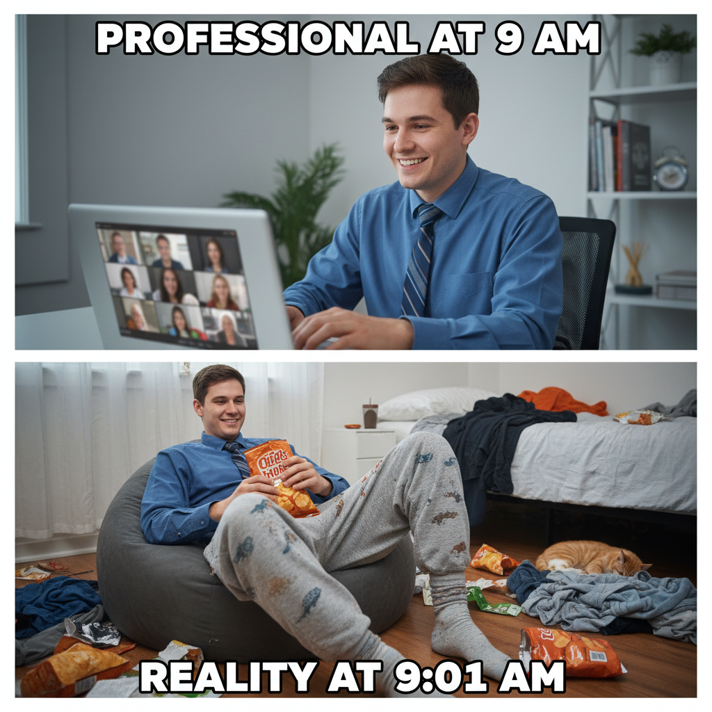 My WFH attire: business on top, existential crisis on bottom. Send help.