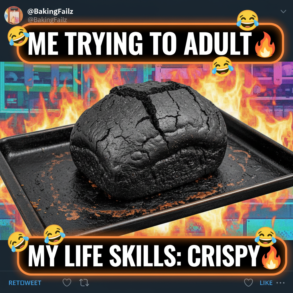 Tried to bake bread. Ended up with a rock. My kitchen is a warzone. 🍞💥