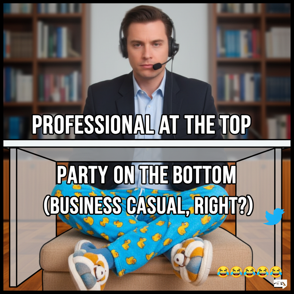 My WFH uniform: Business on top, pajama pants on bottom. The ultimate power move. #WFHLife