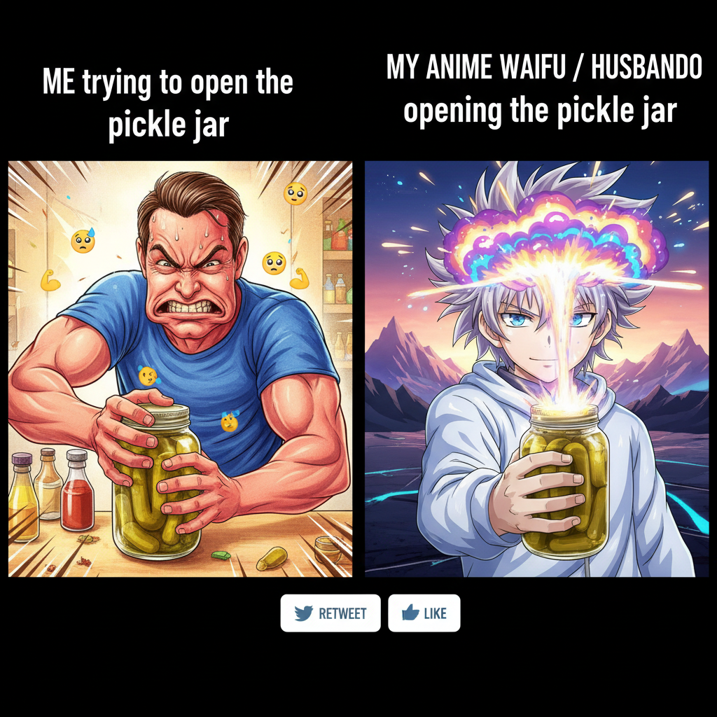 Me trying to open a pickle jar vs. an anime character opening a portal to another dimension.