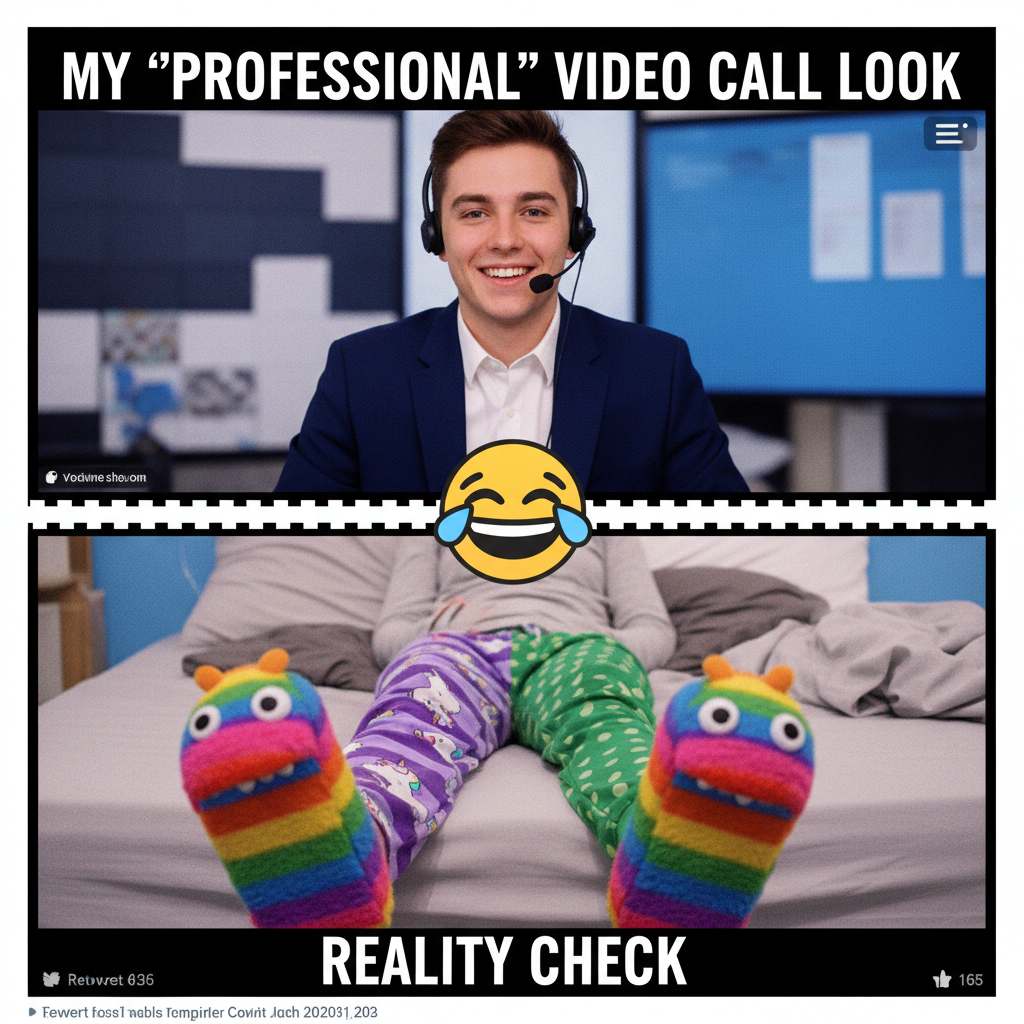 My 'work from home' outfit is 50% professional top, 50% pajama bottoms. The duality of man.