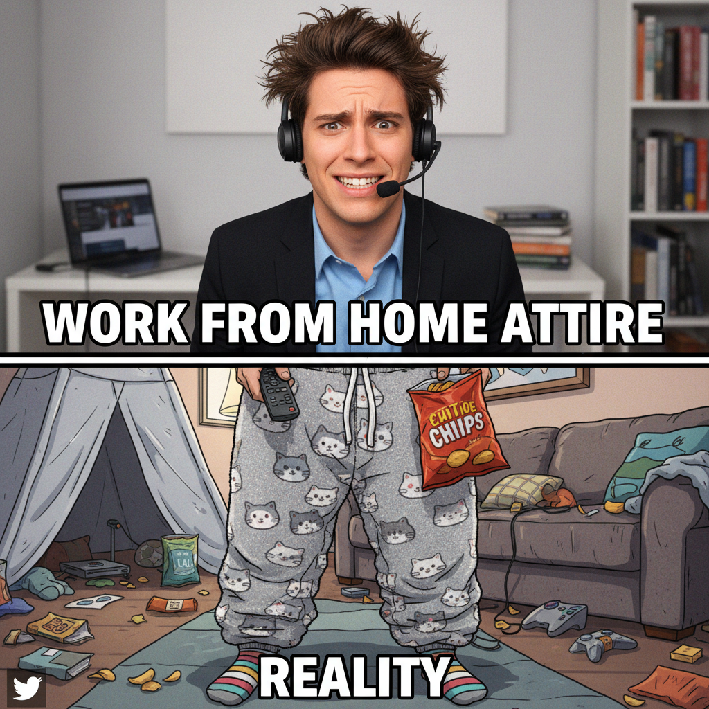 My WFH uniform is 50% comfy, 50% 'can turn camera on in 2 seconds.' The struggle is real.