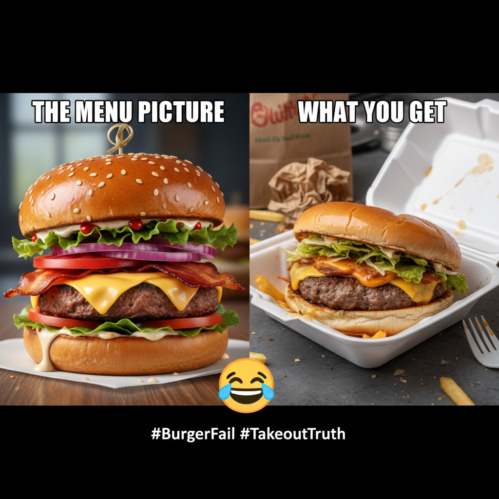 Ordered a gourmet burger, got a sad patty swimming in grease. Expectations vs. Reality strikes again.