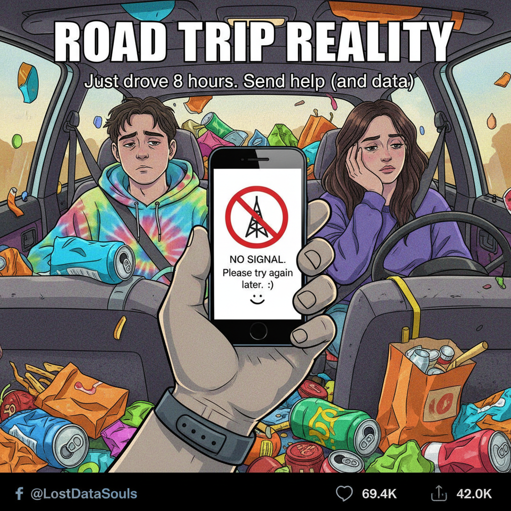 Road trip snacks ran out 2 hours in. The remaining 8 hours are fueled purely by regret and bad Spotify.