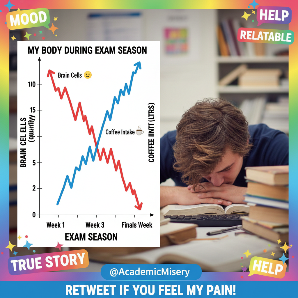 My brain cells during exam season: 📉📉📉. My coffee intake: 📈📈📈. Send help (and caffeine).