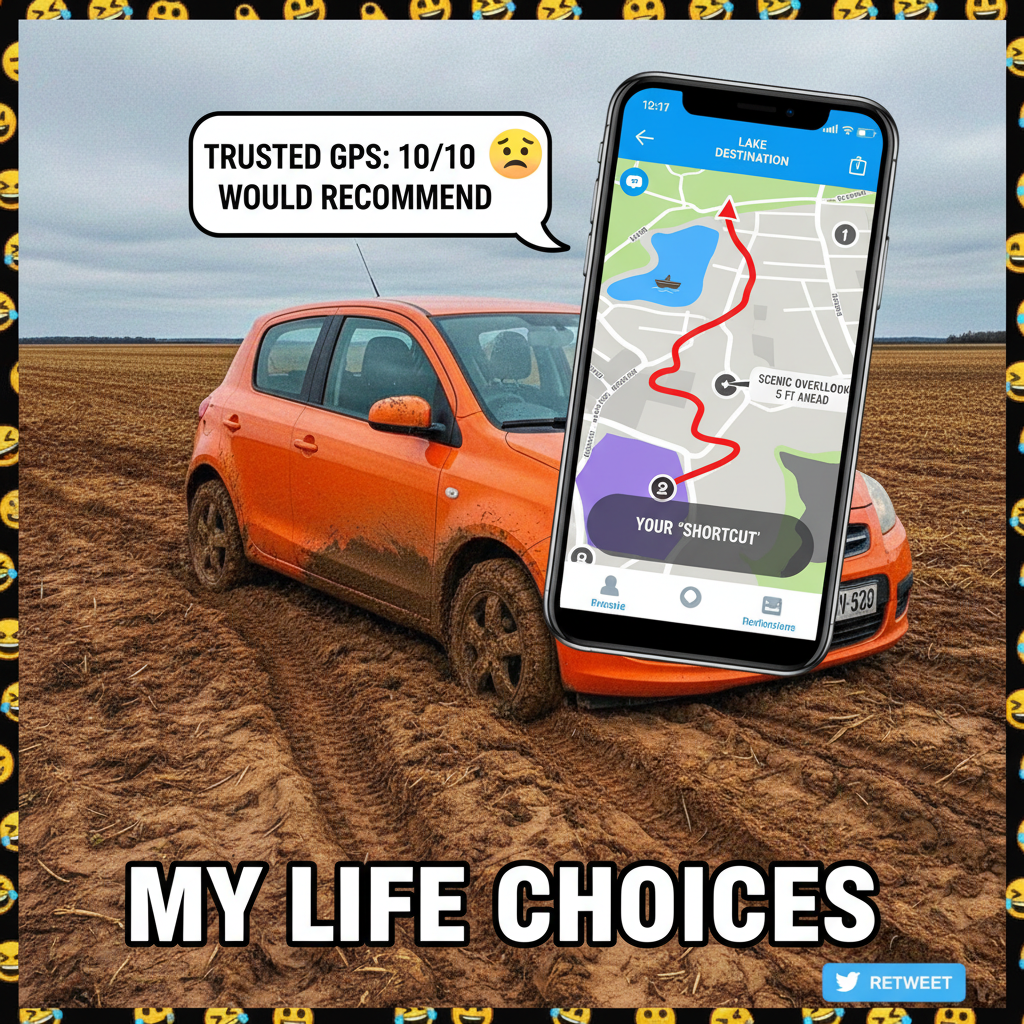 GPS said 'turn left in 500 feet.' We're now in a field. Thanks, Siri.