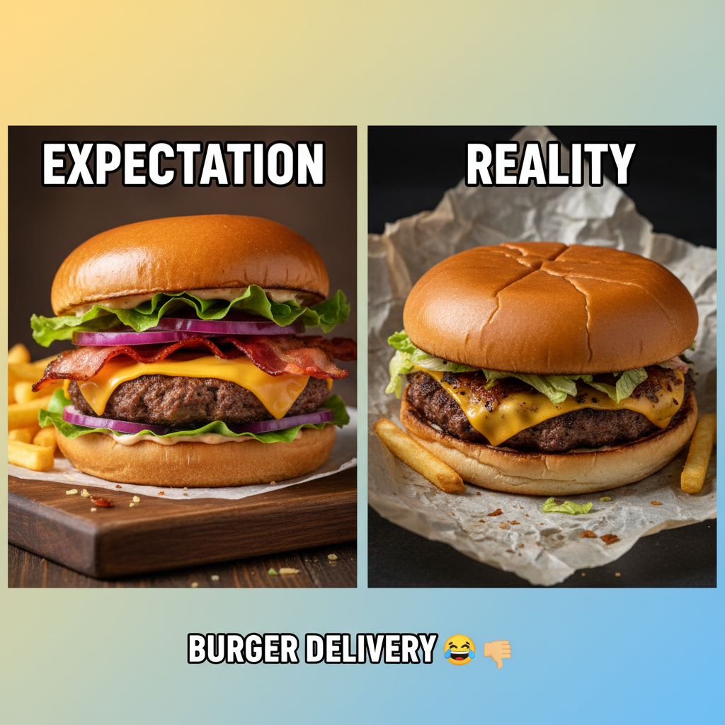 Ordered a gourmet burger, got a sad patty. My expectations vs. reality is a daily struggle.