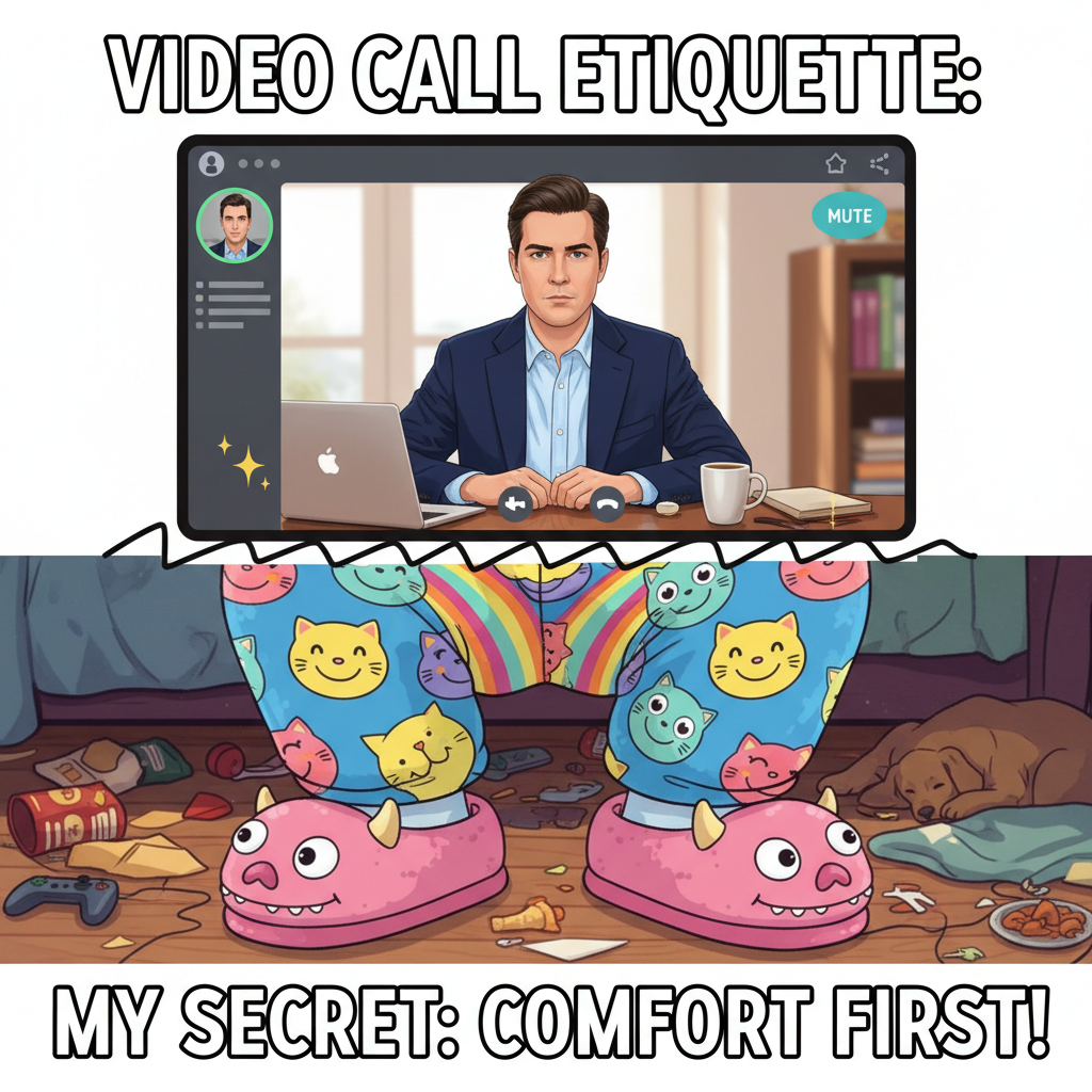 My WFH uniform: Business on top, pajama pants and fuzzy socks on bottom. The ultimate power move.