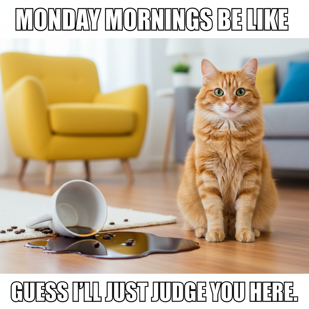 My cat just knocked my coffee off the counter, then looked at me like *I* was the problem. Classic.